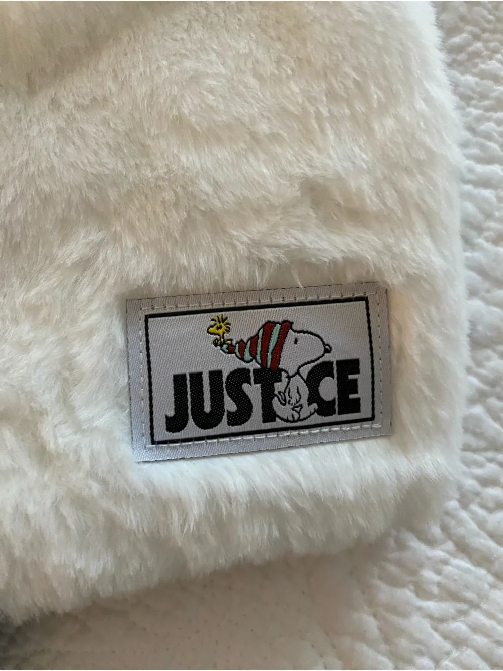 Justice White Faux Fur Panda Beanie with Black Sequin Ears and Black Gloves